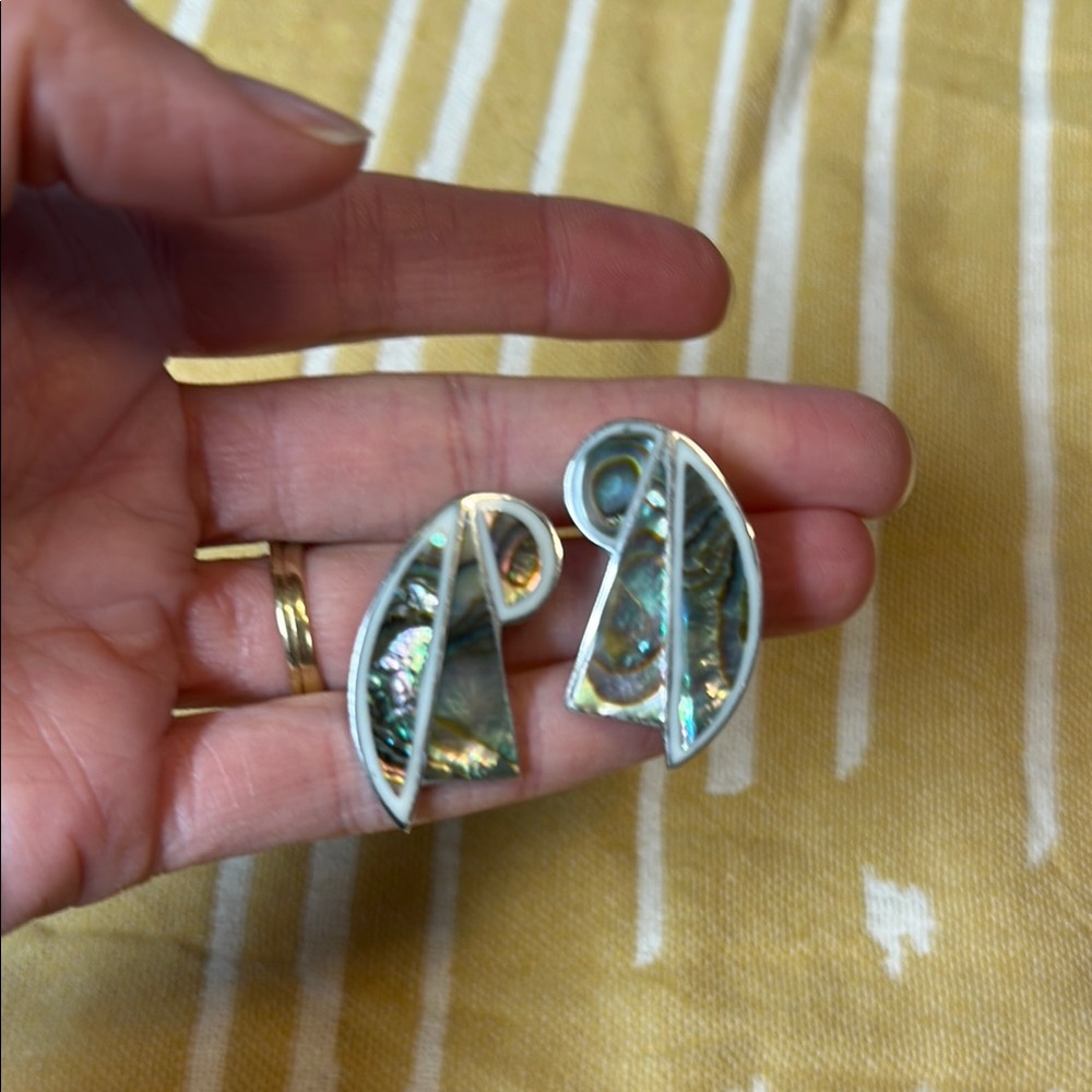Authentic Stamped Vintage Alpaca Mexico Silver & Abalone Earrings